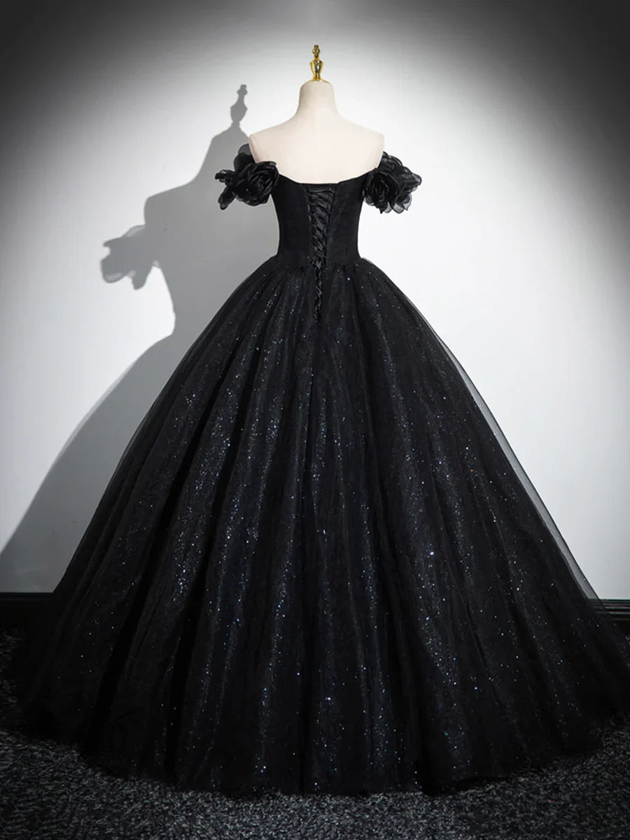 Vestido de noche negro con escote en forma de corazón y tul brillante, corte A y hombros descubiertos TP288