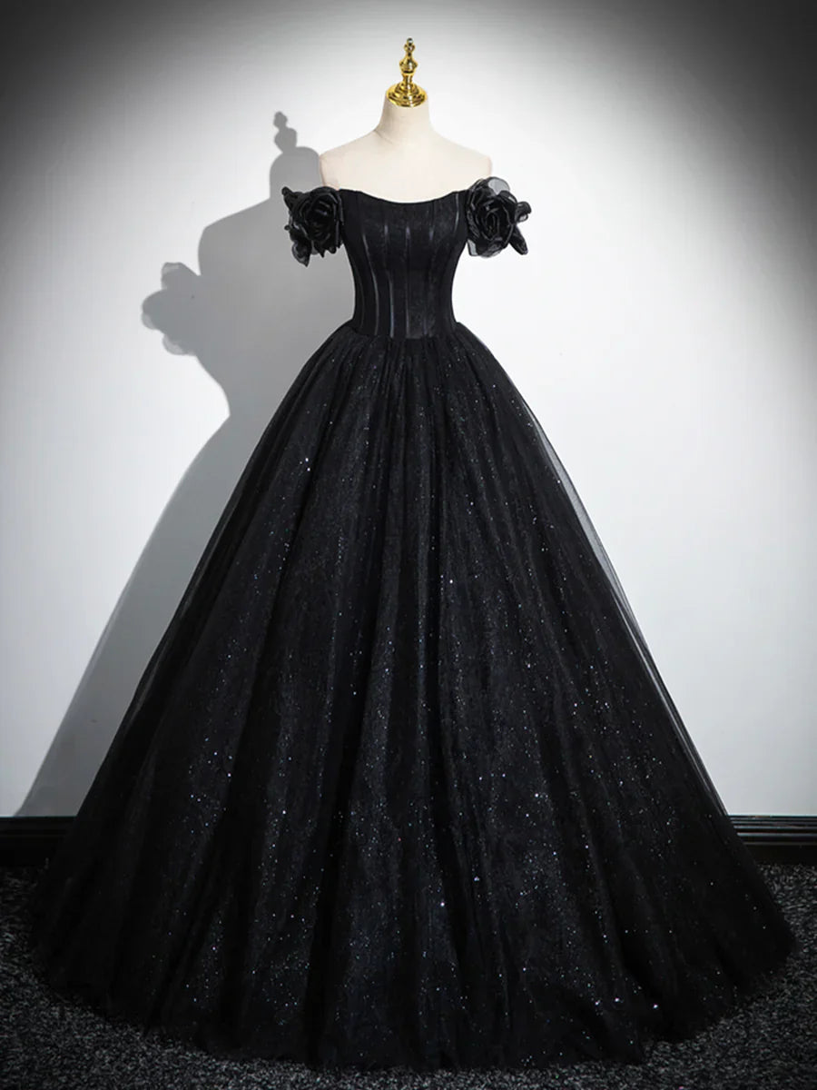 Vestido de noche negro con escote en forma de corazón y tul brillante, corte A y hombros descubiertos TP288
