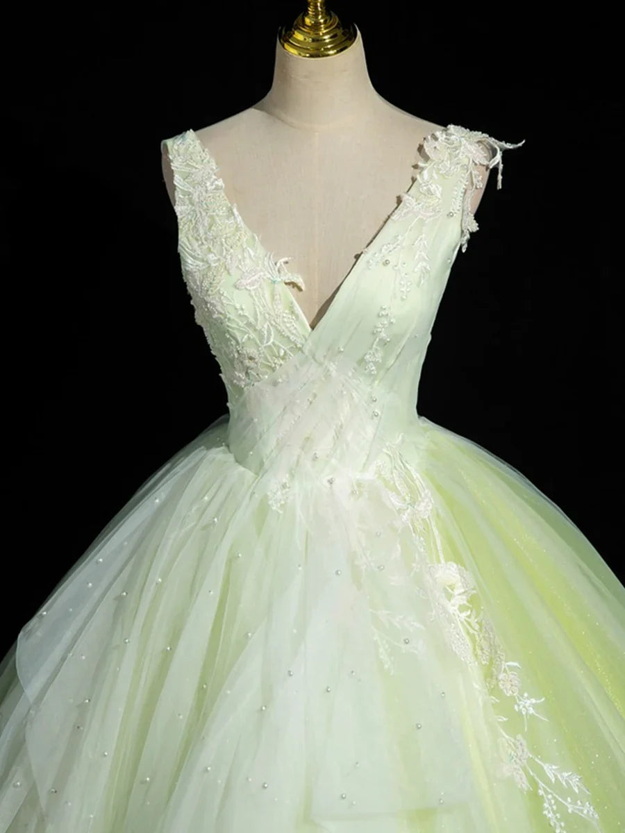 Green V-Neck Tulle Lace Long Prom Dress, A-Line Sleeveless Evening Dress TP289