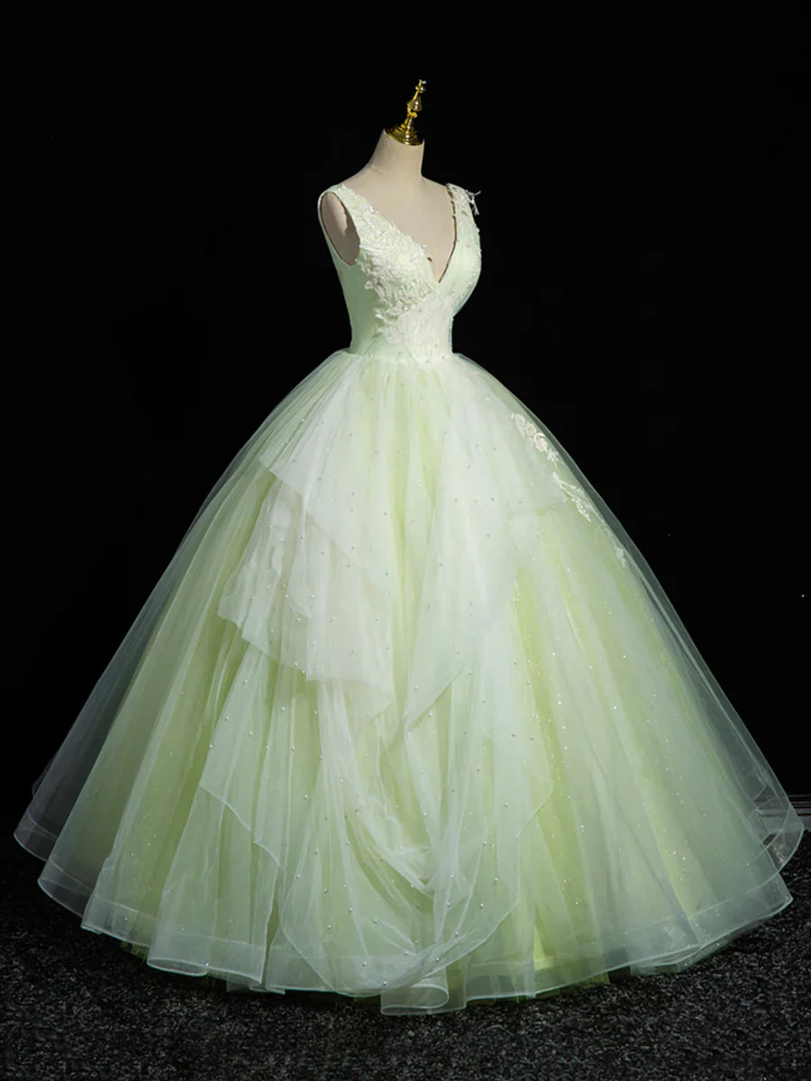 Green V-Neck Tulle Lace Long Prom Dress, A-Line Sleeveless Evening Dress TP289