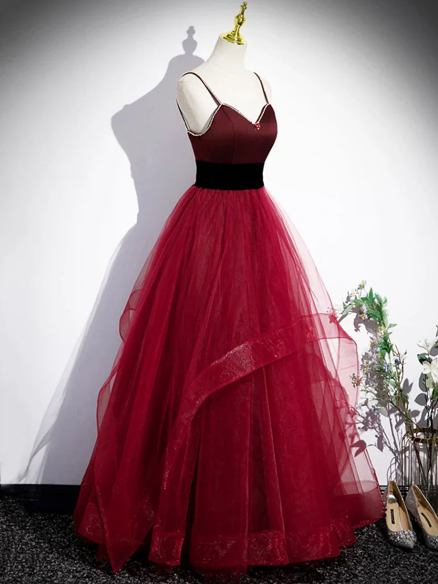 Burgundy Spaghetti Strap Tulle Long Corset Prom Dress, A-Line Evening Party Dress TP293