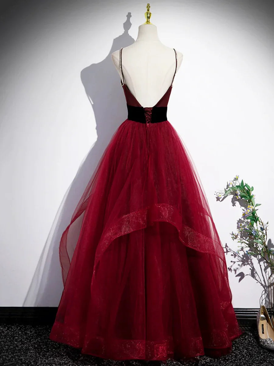 Burgundy Spaghetti Strap Tulle Long Corset Prom Dress, A-Line Evening Party Dress TP293