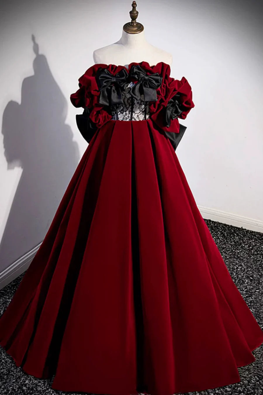 Burgundy Velvet Long Prom Dress, Off the Shoulder A-Line Evening Dress TP295