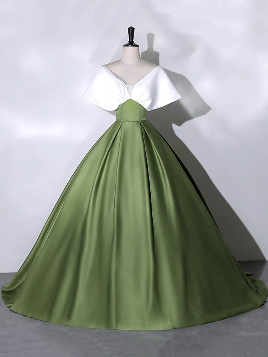 Vestido de fiesta de satén blanco y verde, largo hasta el suelo, escote en V y hombros descubiertos, TP296
