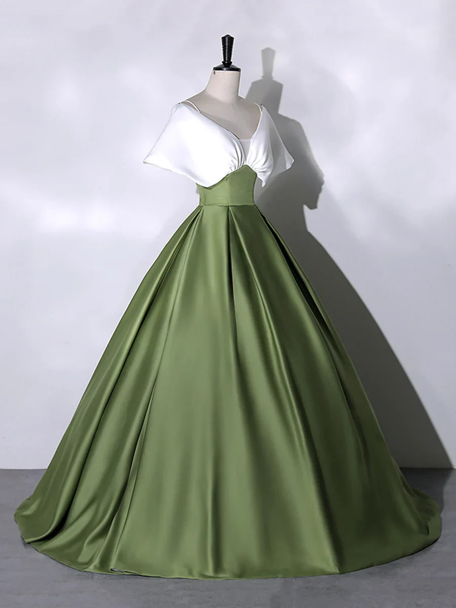 Vestido de fiesta de satén blanco y verde, largo hasta el suelo, escote en V y hombros descubiertos, TP296