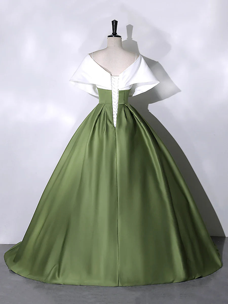 Vestido de fiesta de satén blanco y verde, largo hasta el suelo, escote en V y hombros descubiertos, TP296