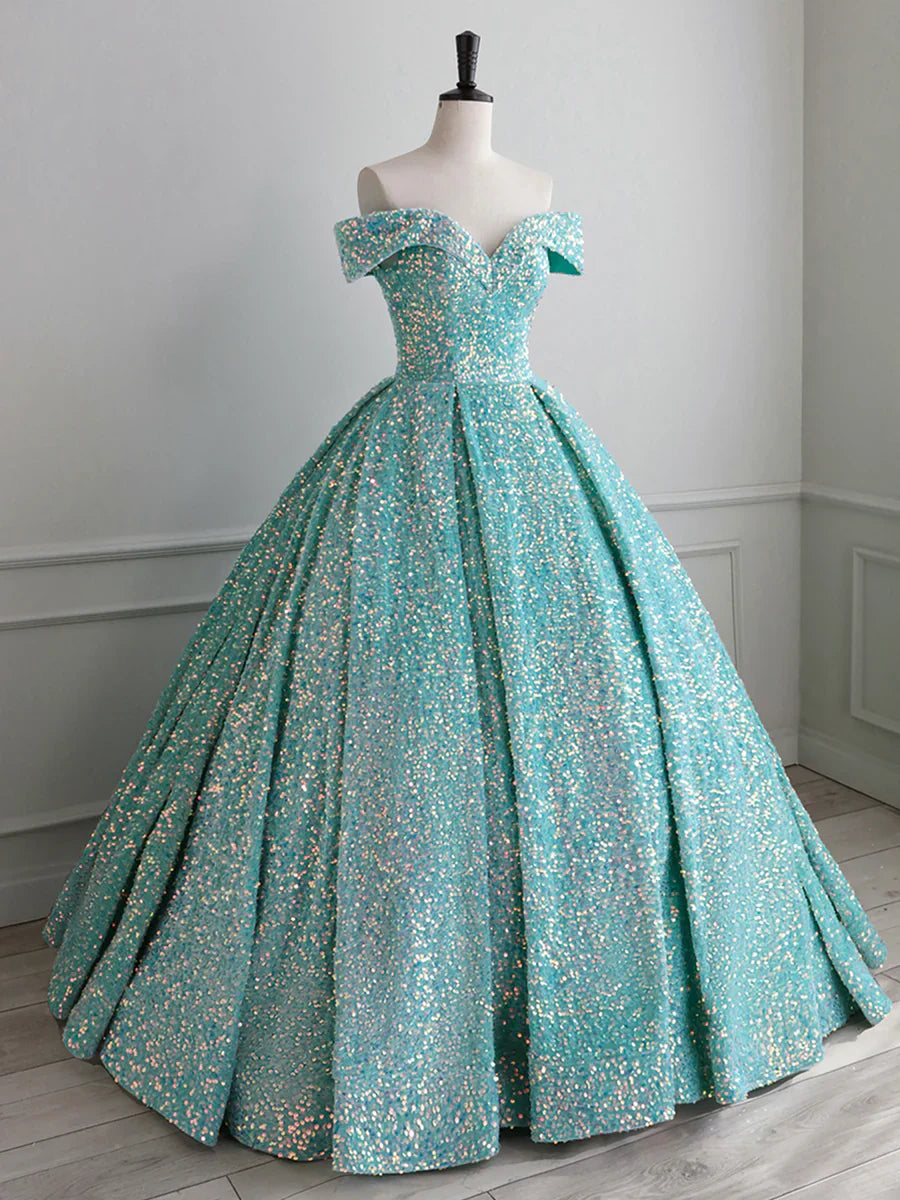 Vestido de fiesta con lentejuelas brillantes y hombros descubiertos, vestido de noche de corte A hasta el suelo TP297