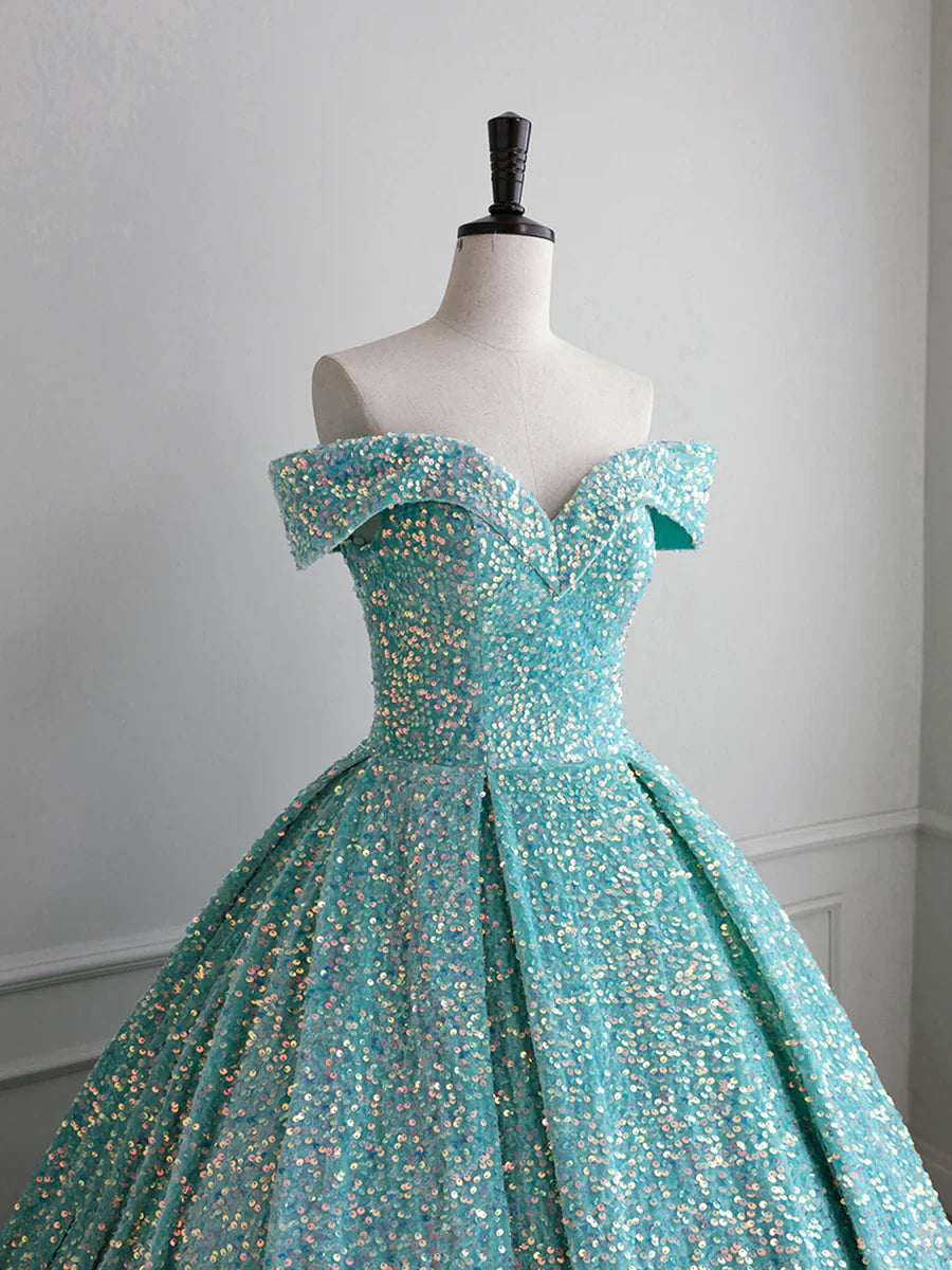 Vestido de fiesta con lentejuelas brillantes y hombros descubiertos, vestido de noche de corte A hasta el suelo TP297