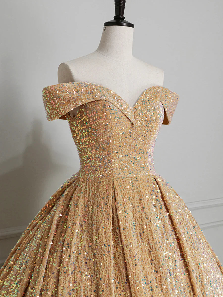 Vestido de fiesta con lentejuelas brillantes y hombros descubiertos, vestido de noche de corte A hasta el suelo TP297