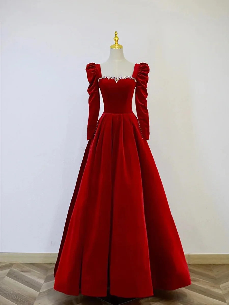 Vestido de fiesta de terciopelo, largo hasta el suelo, corte A, manga larga, color burdeos, vestido formal de noche TP298