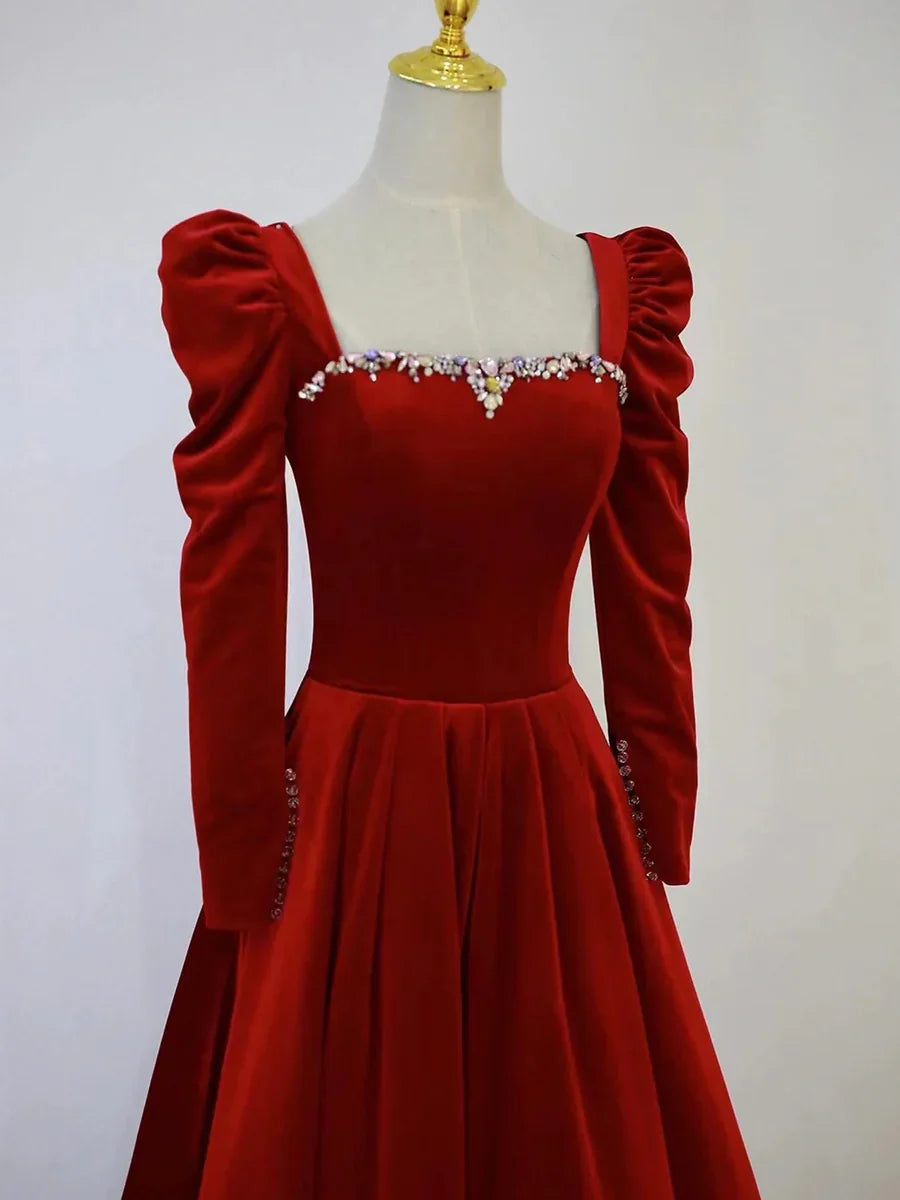 Vestido de fiesta de terciopelo, largo hasta el suelo, corte A, manga larga, color burdeos, vestido formal de noche TP298