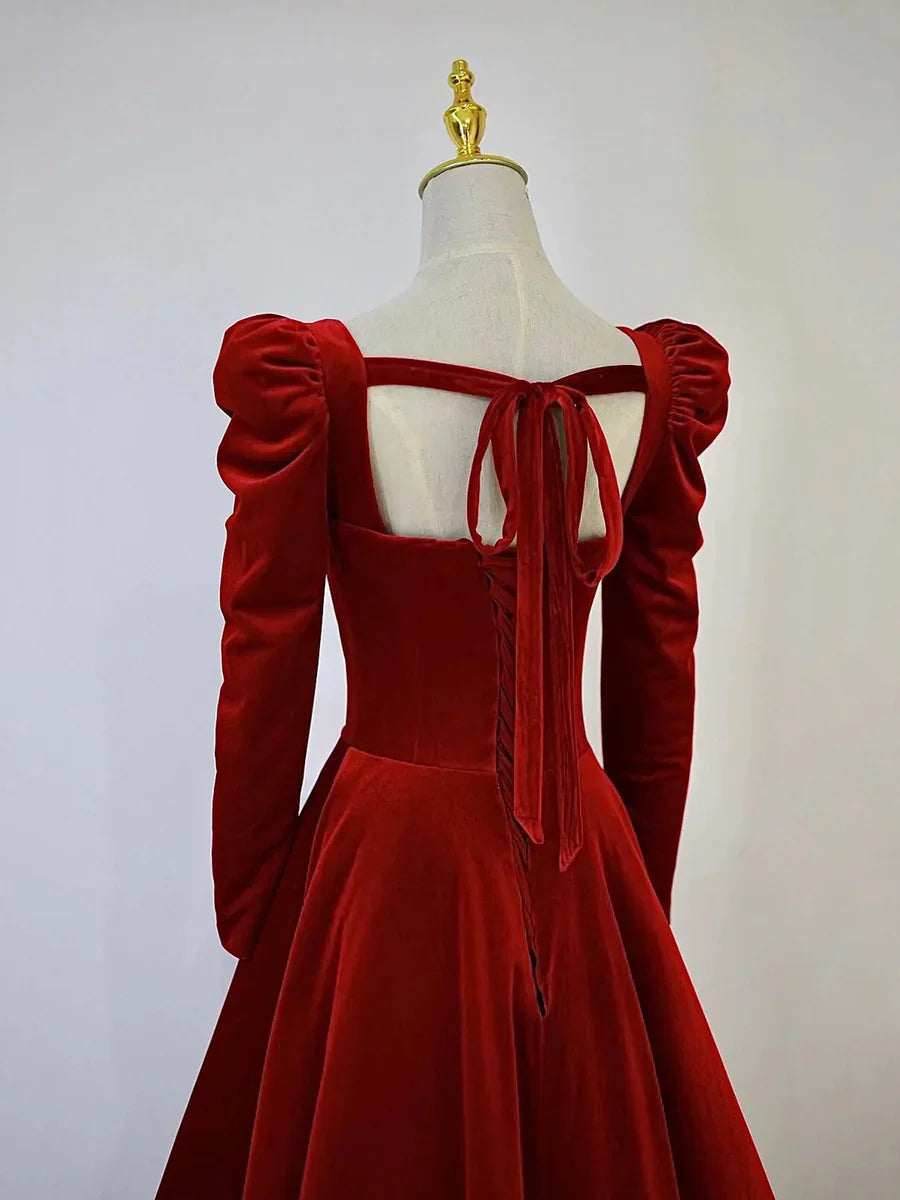 Vestido de fiesta de terciopelo, largo hasta el suelo, corte A, manga larga, color burdeos, vestido formal de noche TP298