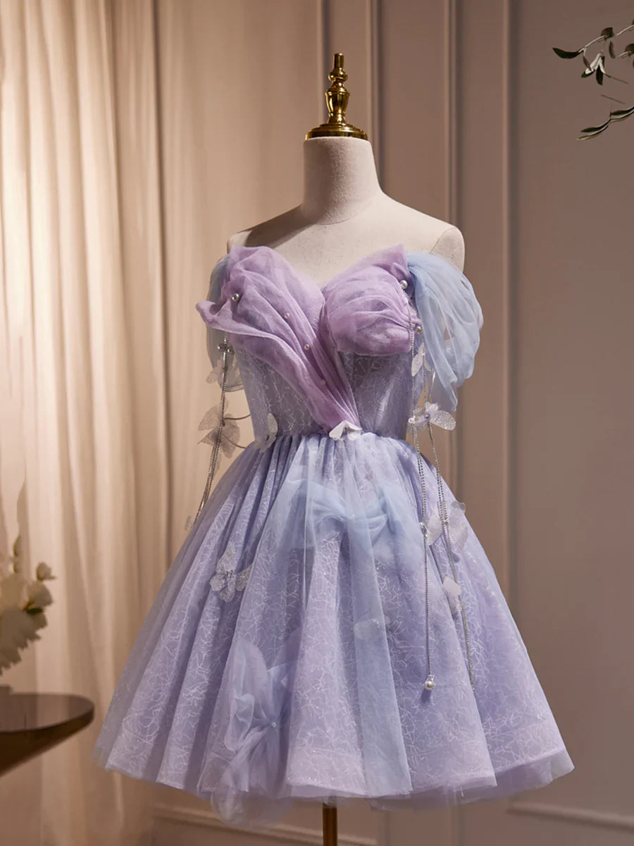 Vestido formal de tul morado hasta la rodilla para fiesta de cumpleaños, vestido de fiesta morado con hombros descubiertos TP300