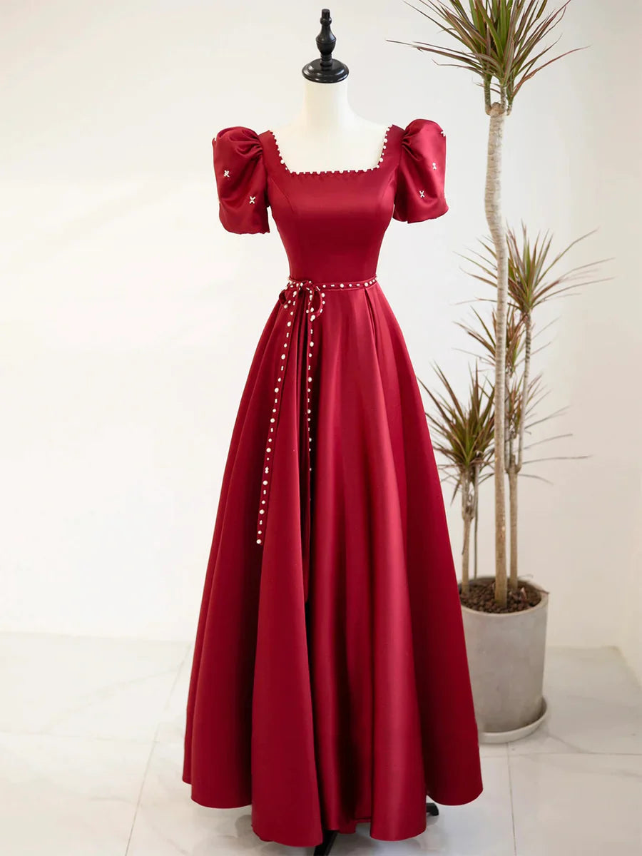 Burgundy Satin Short Sleeve Floor Length Prom Dress, Burgundy Evening Dress with Pearls TP305