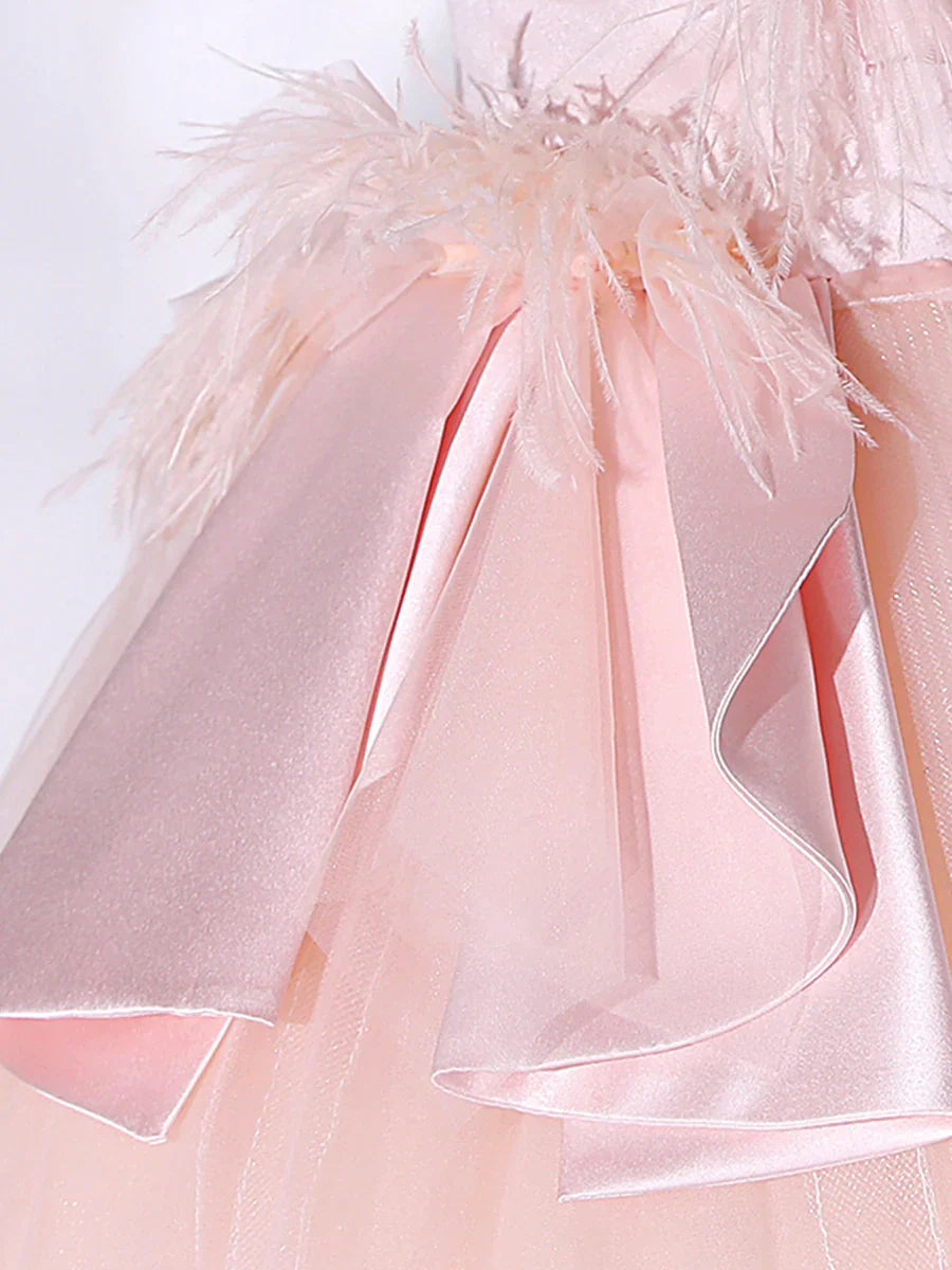 Vestido largo de fiesta rosa sin tirantes de tul, vestido de fiesta rosa de corte A con plumas TP306