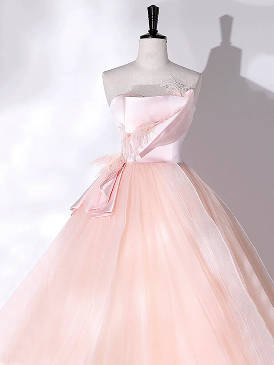 Vestido largo de fiesta rosa sin tirantes de tul, vestido de fiesta rosa de corte A con plumas TP306