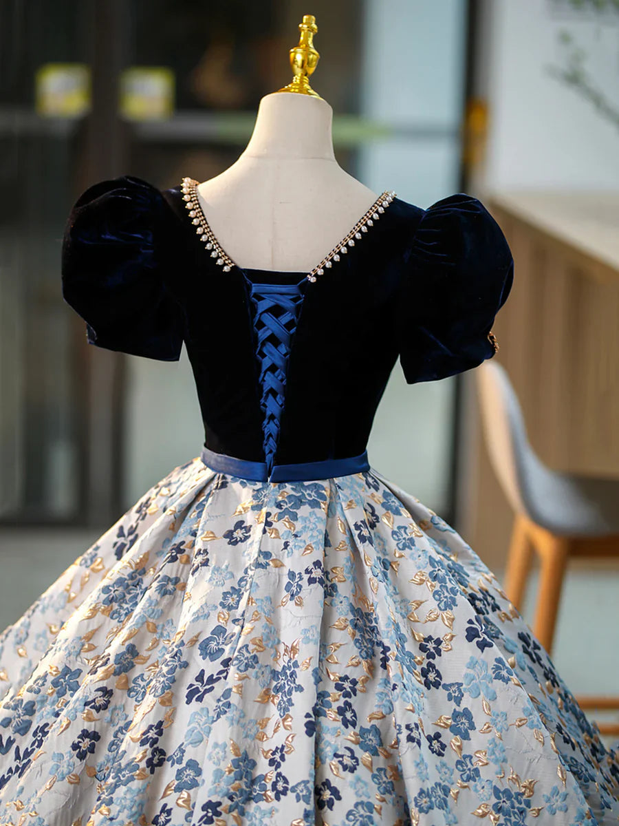 Vestido de noche azul de terciopelo con escote en V y manga corta, largo hasta el suelo, TP308