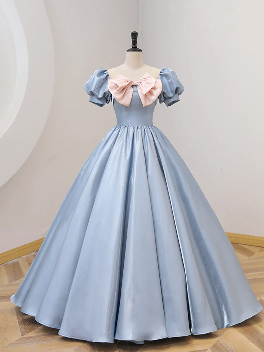 Blue Satin Floor Length Prom Dress with Bow, Blue A-Line Evening Formal Dress TP318