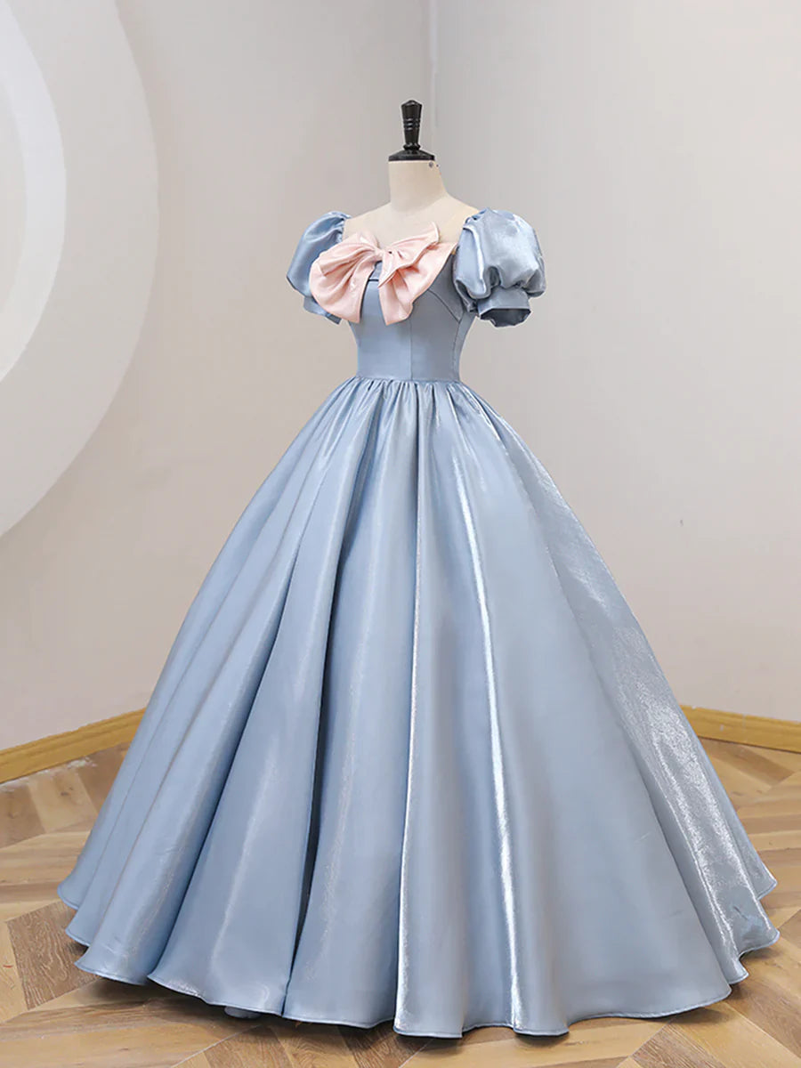 Blue Satin Floor Length Prom Dress with Bow, Blue A-Line Evening Formal Dress TP318