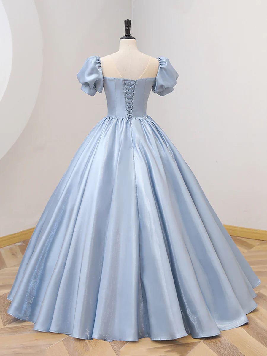 Blue Satin Floor Length Prom Dress with Bow, Blue A-Line Evening Formal Dress TP318