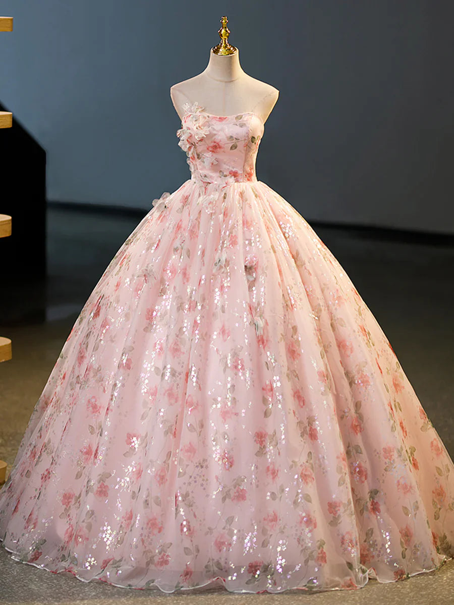 Beautiful Strapless Tulle Flower Long Prom Dress, Pink Ball Gown Formal Dress TP319