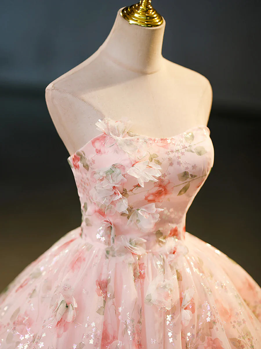 Beautiful Strapless Tulle Flower Long Prom Dress, Pink Ball Gown Formal Dress TP319