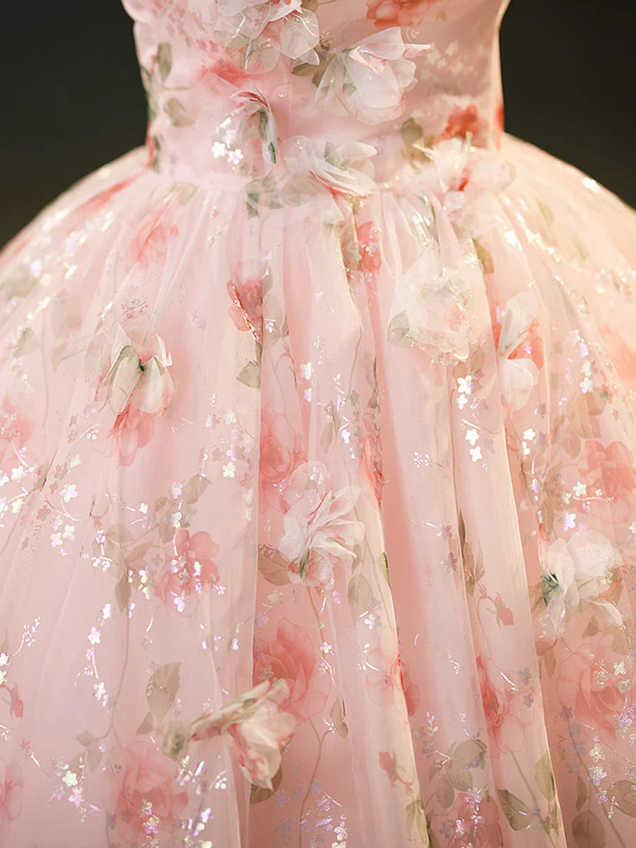 Beautiful Strapless Tulle Flower Long Prom Dress, Pink Ball Gown Formal Dress TP319