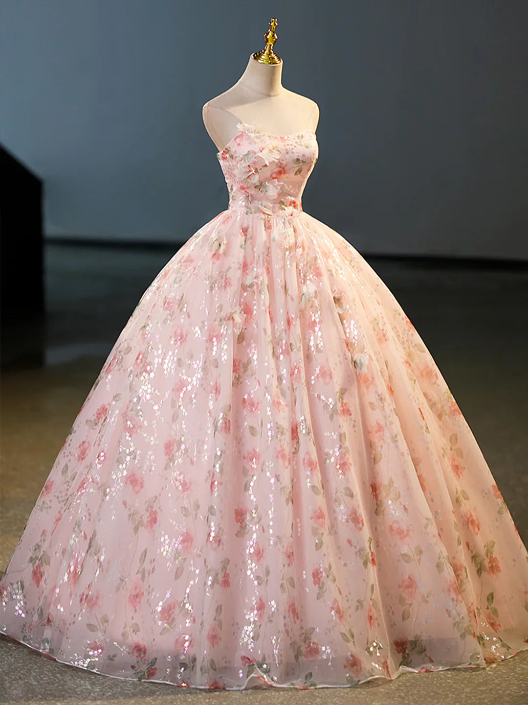 Beautiful Strapless Tulle Flower Long Prom Dress, Pink Ball Gown Formal Dress TP319