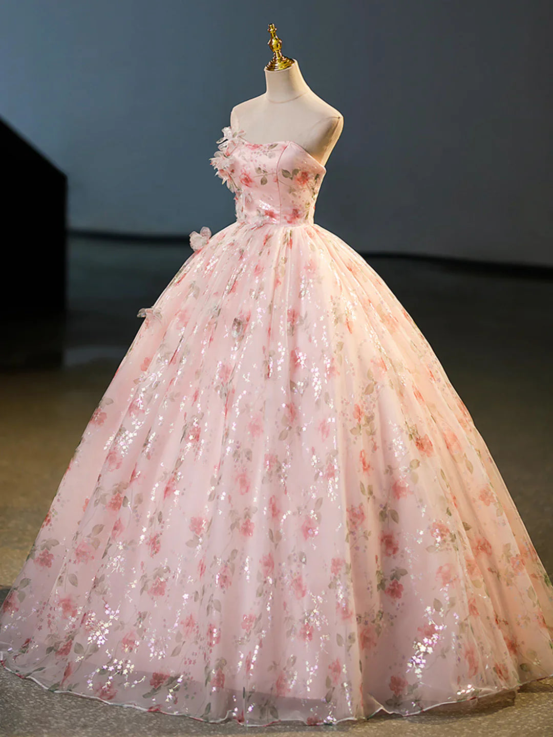 Beautiful Strapless Tulle Flower Long Prom Dress, Pink Ball Gown Formal Dress TP319