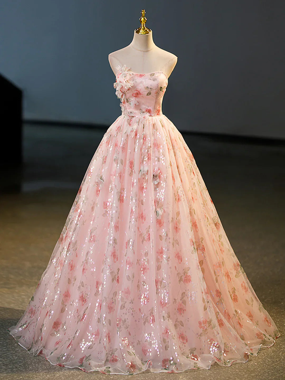 Beautiful Strapless Tulle Flower Long Prom Dress, Pink Ball Gown Formal Dress TP319