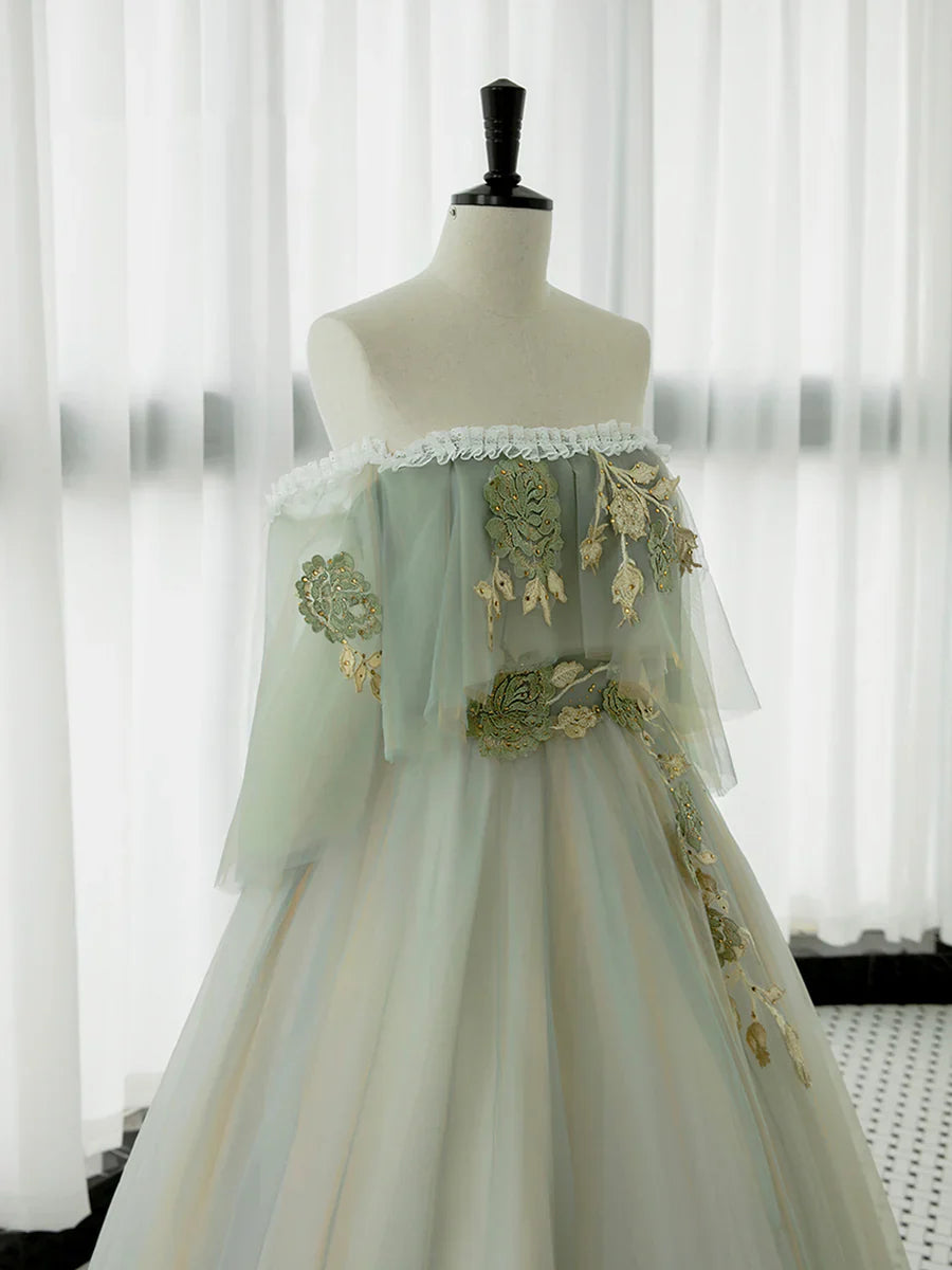 Green Tulle Lace Long Prom Dress, Green Off Shoulder Evening Party Dress TP321