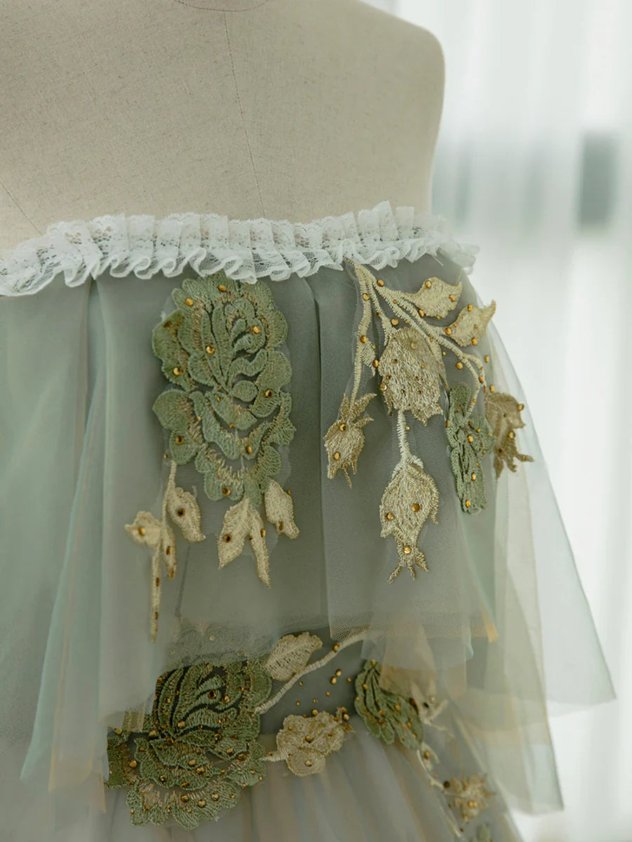 Green Tulle Lace Long Prom Dress, Green Off Shoulder Evening Party Dress TP321