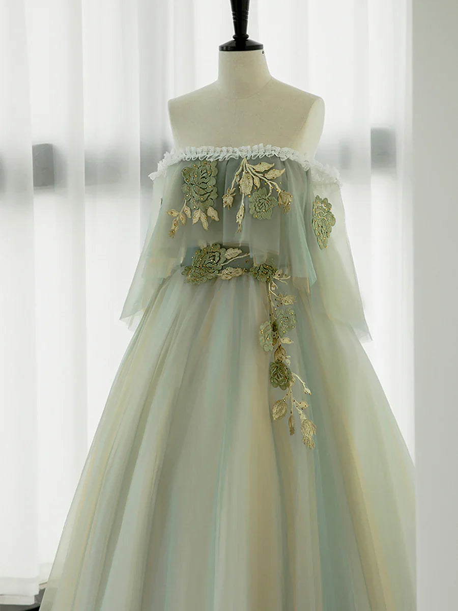 Green Tulle Lace Long Prom Dress, Green Off Shoulder Evening Party Dress TP321