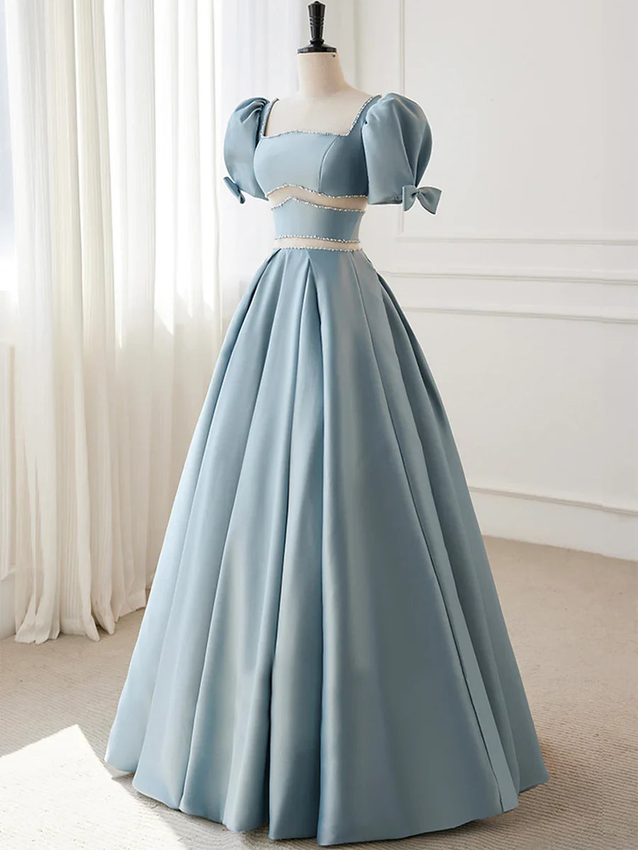 Blue Satin Beaded Long Prom Dress, Blue Short Sleeve Evening Dress TP332
