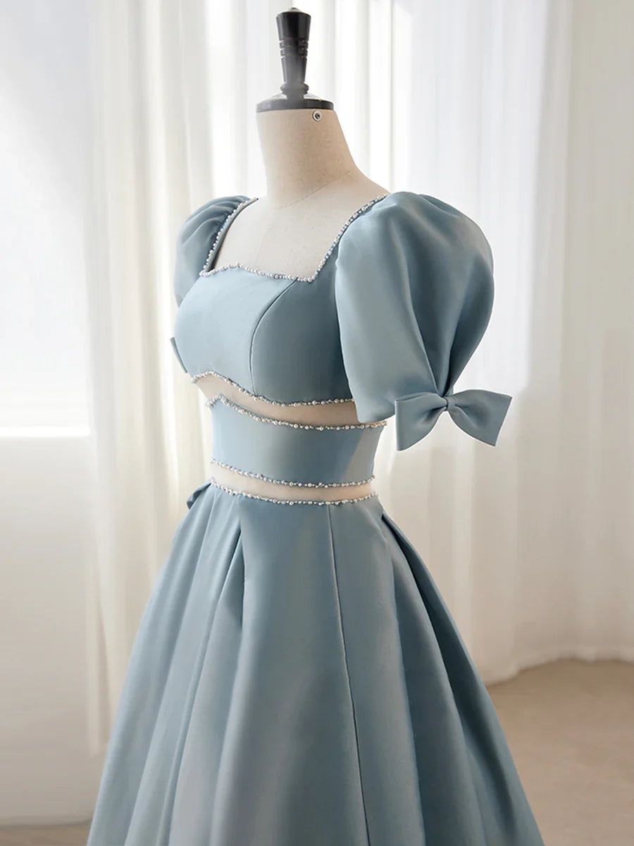 Blue Satin Beaded Long Prom Dress, Blue Short Sleeve Evening Dress TP332