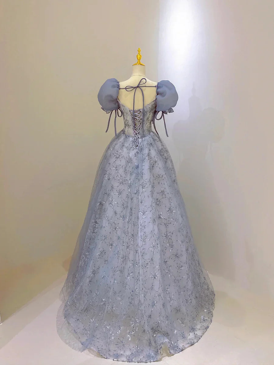 Blue Tulle Lace Long Prom Dress, Beautiful Short Sleeve Evening Dress TP333