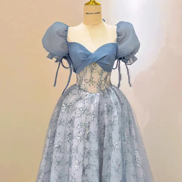 Blue Tulle Lace Long Prom Dress, Beautiful Short Sleeve Evening Dress TP333