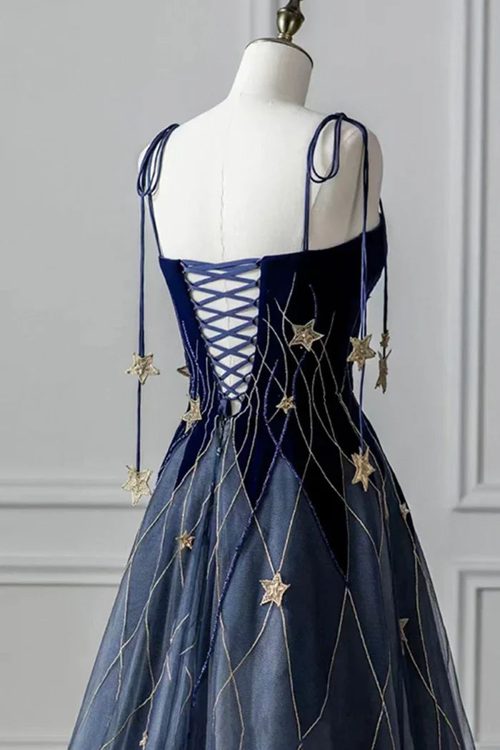Blue Spaghetti Strap Velvet Long Prom Dress with Star, Blue Evening Dress Party Dress TP340