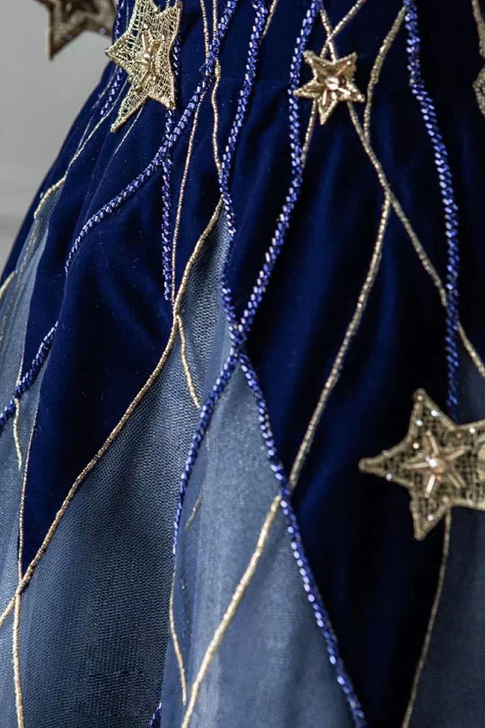 Blue Spaghetti Strap Velvet Long Prom Dress with Star, Blue Evening Dress Party Dress TP340