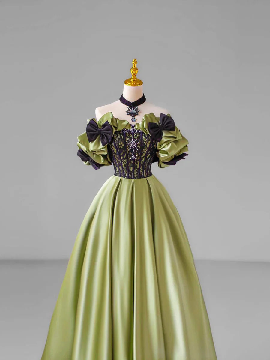 Green Satin Lace Long Prom Dress, Beautiful A-Line Evening Dress with Bow TP342