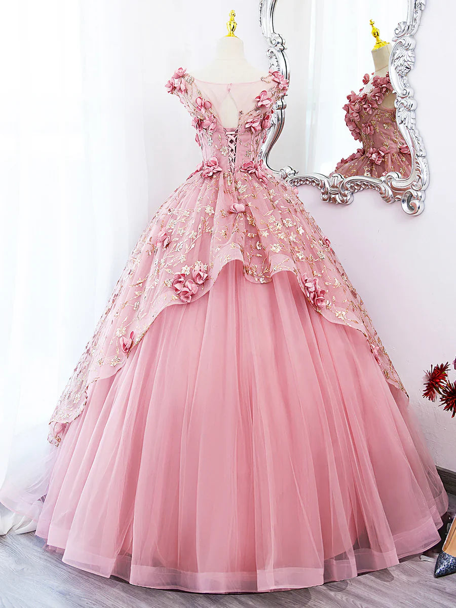 Vestido largo de fiesta de tul rosa con flores, precioso vestido de fiesta de quinceañera de corte A TP347