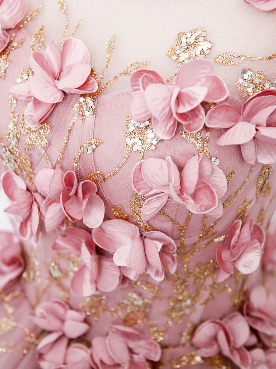 Vestido largo de fiesta de tul rosa con flores, precioso vestido de fiesta de quinceañera de corte A TP347