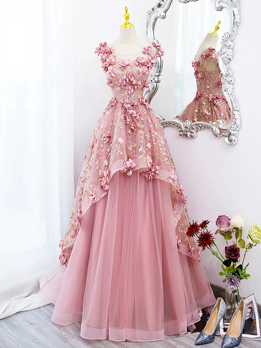 Vestido largo de fiesta de tul rosa con flores, precioso vestido de fiesta de quinceañera de corte A TP347