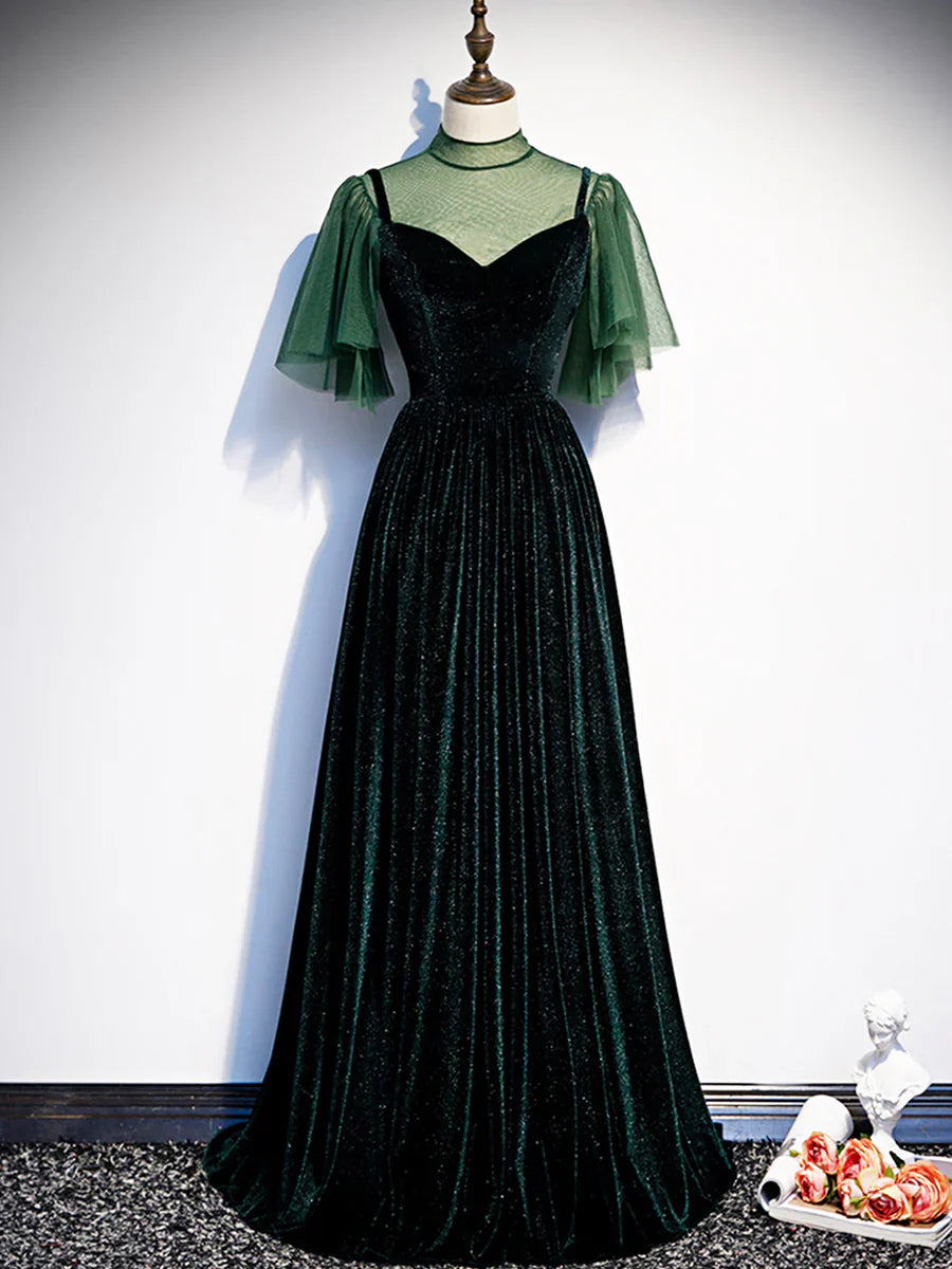 Vestido de fiesta largo de terciopelo verde, elegante vestido de noche verde de corte A TP348