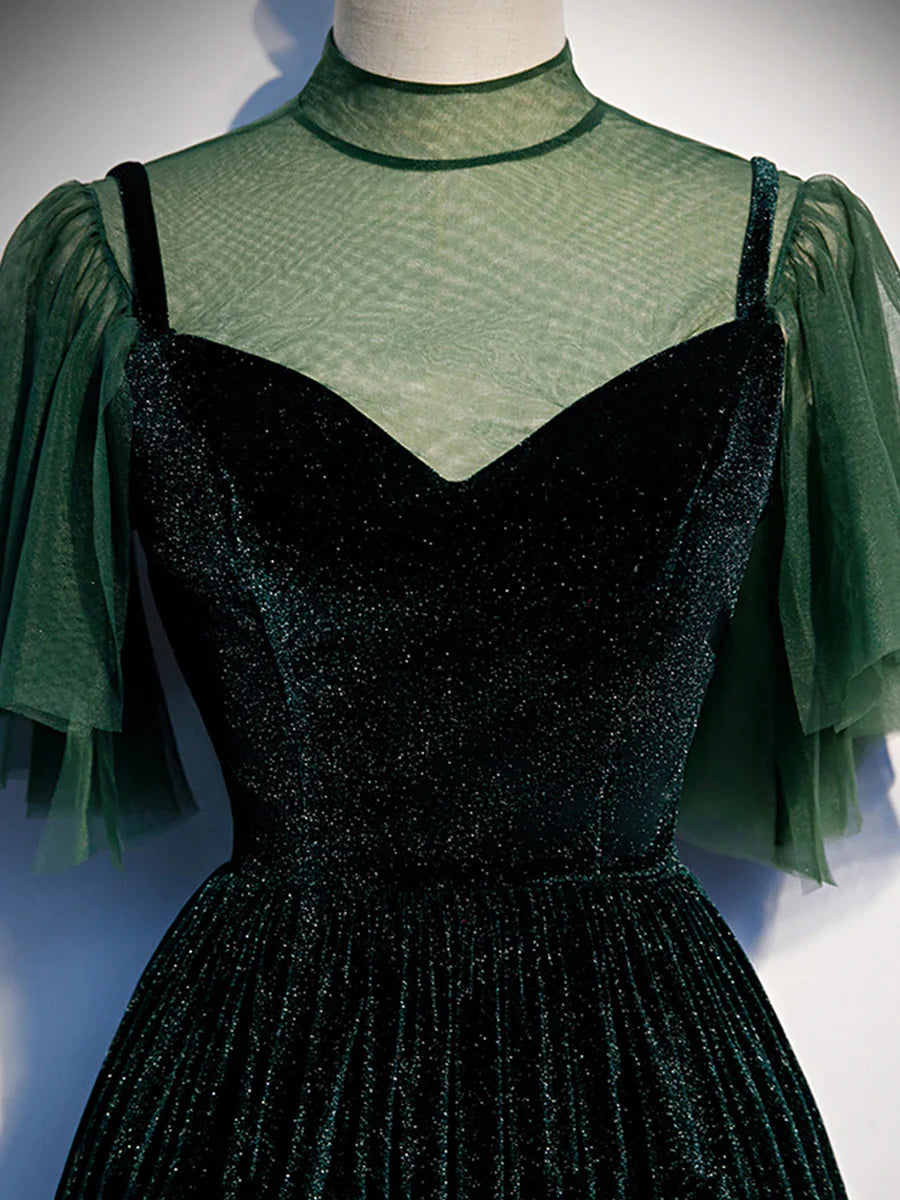 Vestido de fiesta largo de terciopelo verde, elegante vestido de noche verde de corte A TP348