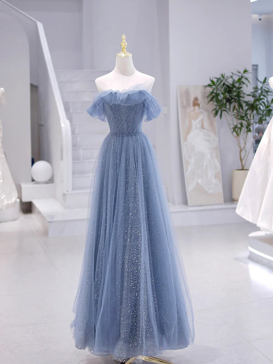 Blue Strapless Tulle Long Prom Dress, Blue A-Line Evening Dress TP358