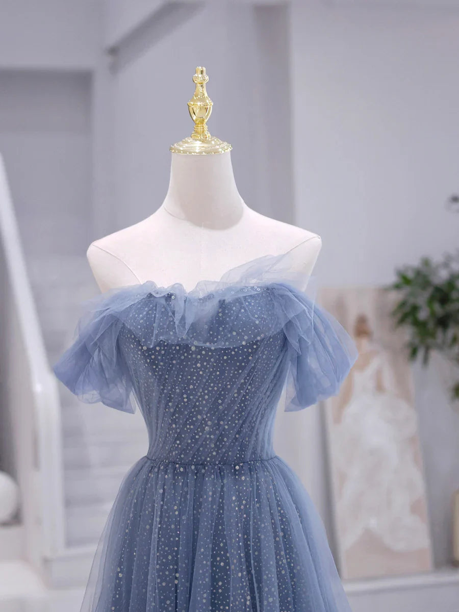 Blue Strapless Tulle Long Prom Dress, Blue A-Line Evening Dress TP358