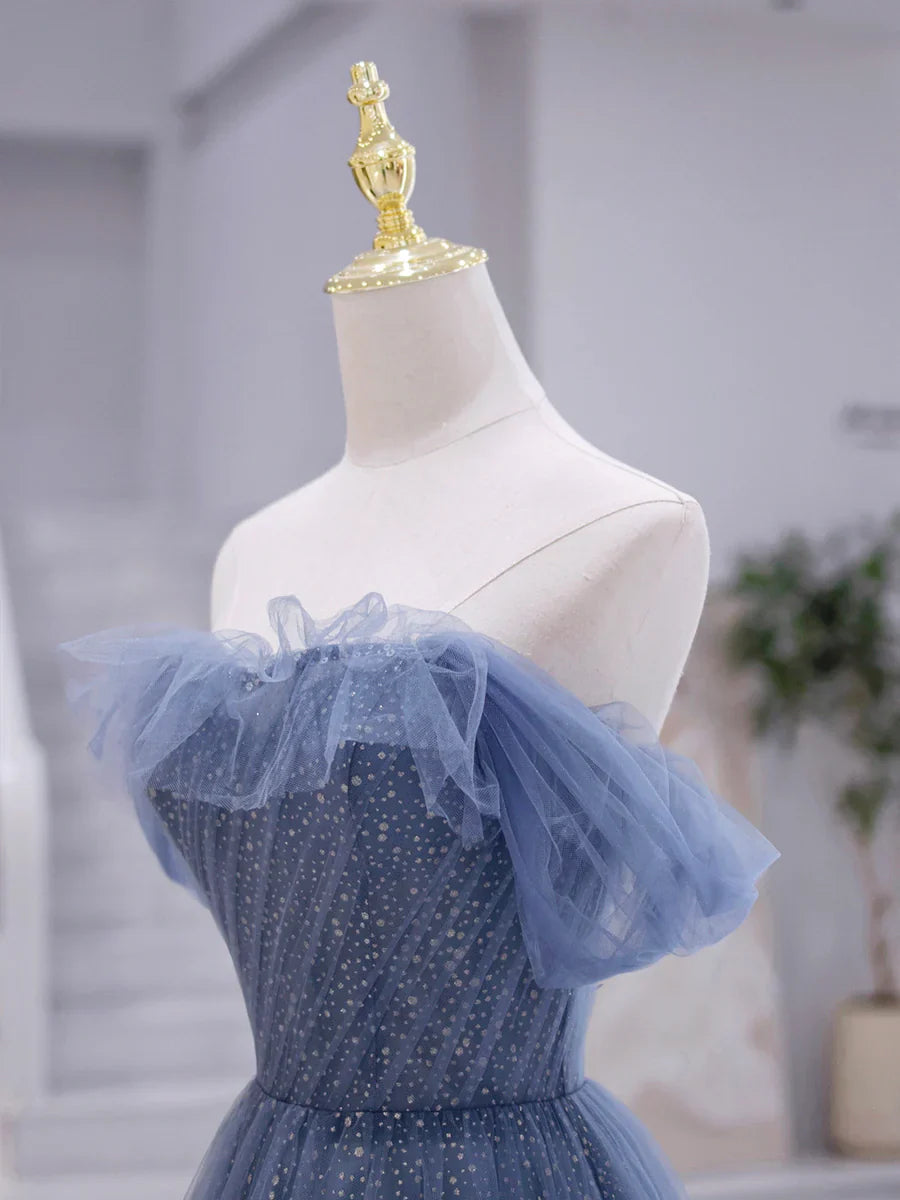 Blue Strapless Tulle Long Prom Dress, Blue A-Line Evening Dress TP358