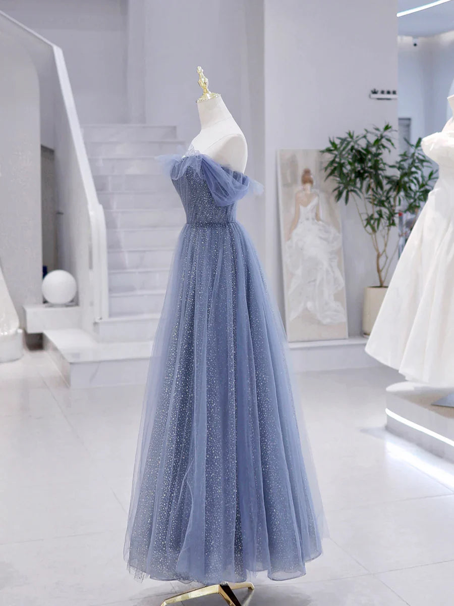 Blue Strapless Tulle Long Prom Dress, Blue A-Line Evening Dress TP358