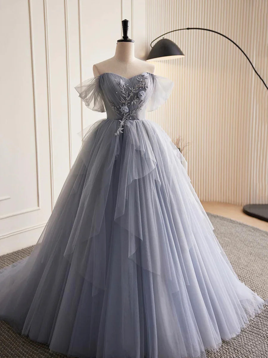 Gray Tulle Long A-Line Prom Dress, Off Shoulder Evening Dress Party Dress TP361